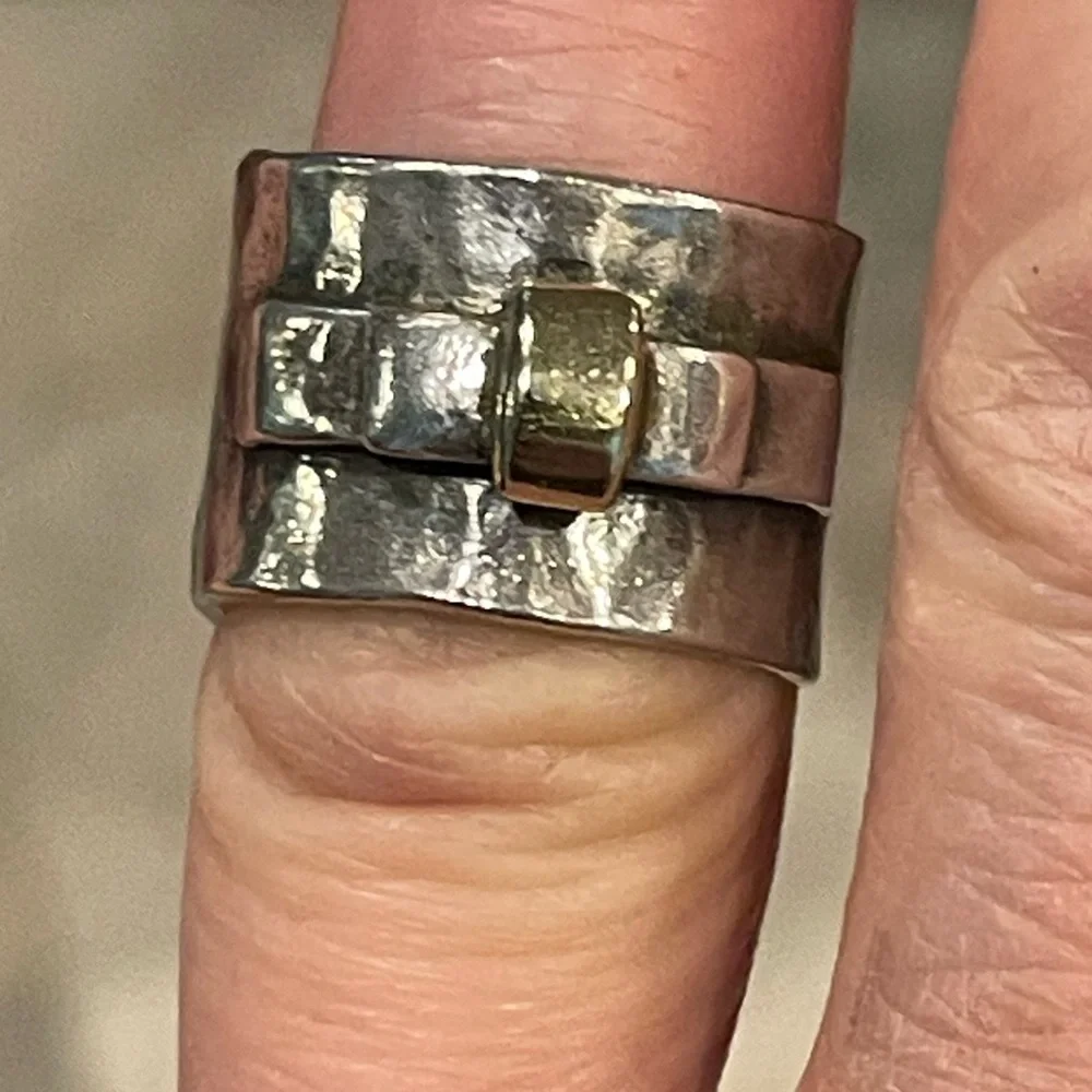 Handcrafted Two-Tone Hammered Silver Ring with Gold Accent